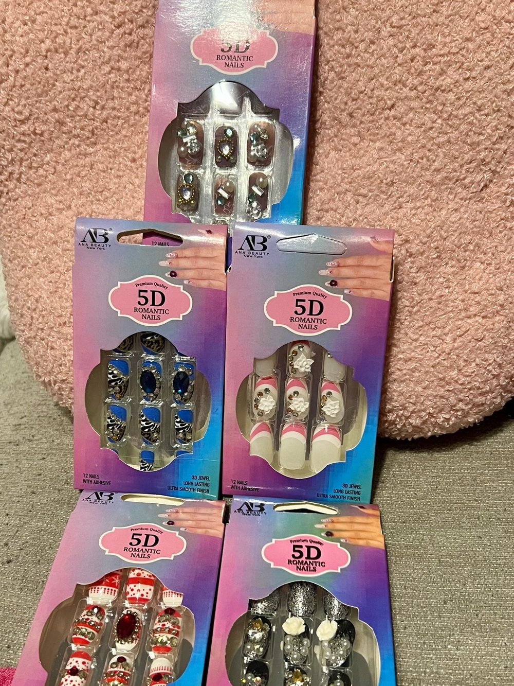 5D Romantic Press-On Nails Pack - Pink and Multi-Color Designs